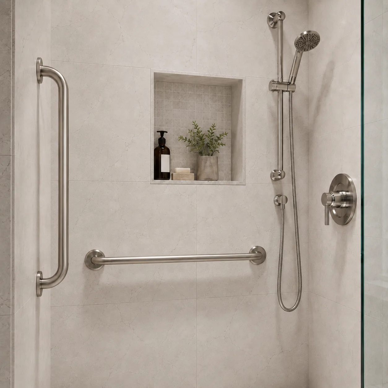 Two brushed-nickel grab bars mounted in a walk-in shower next to a built-in niche