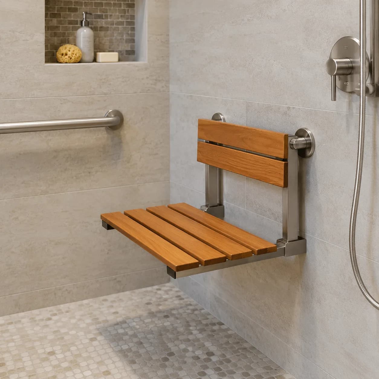 Fold-down teak-slat shower seat mounted on a stone-look wall next to a grab bar