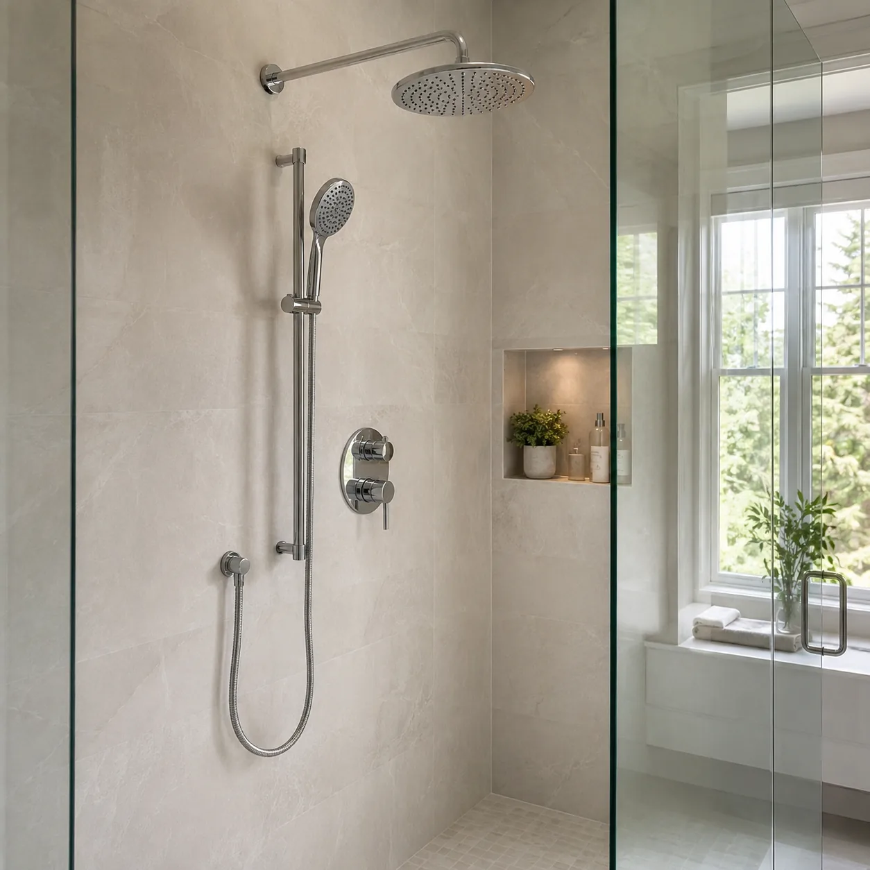 Chrome rain shower head and hand-held shower system in a walk-in shower with a built-in niche