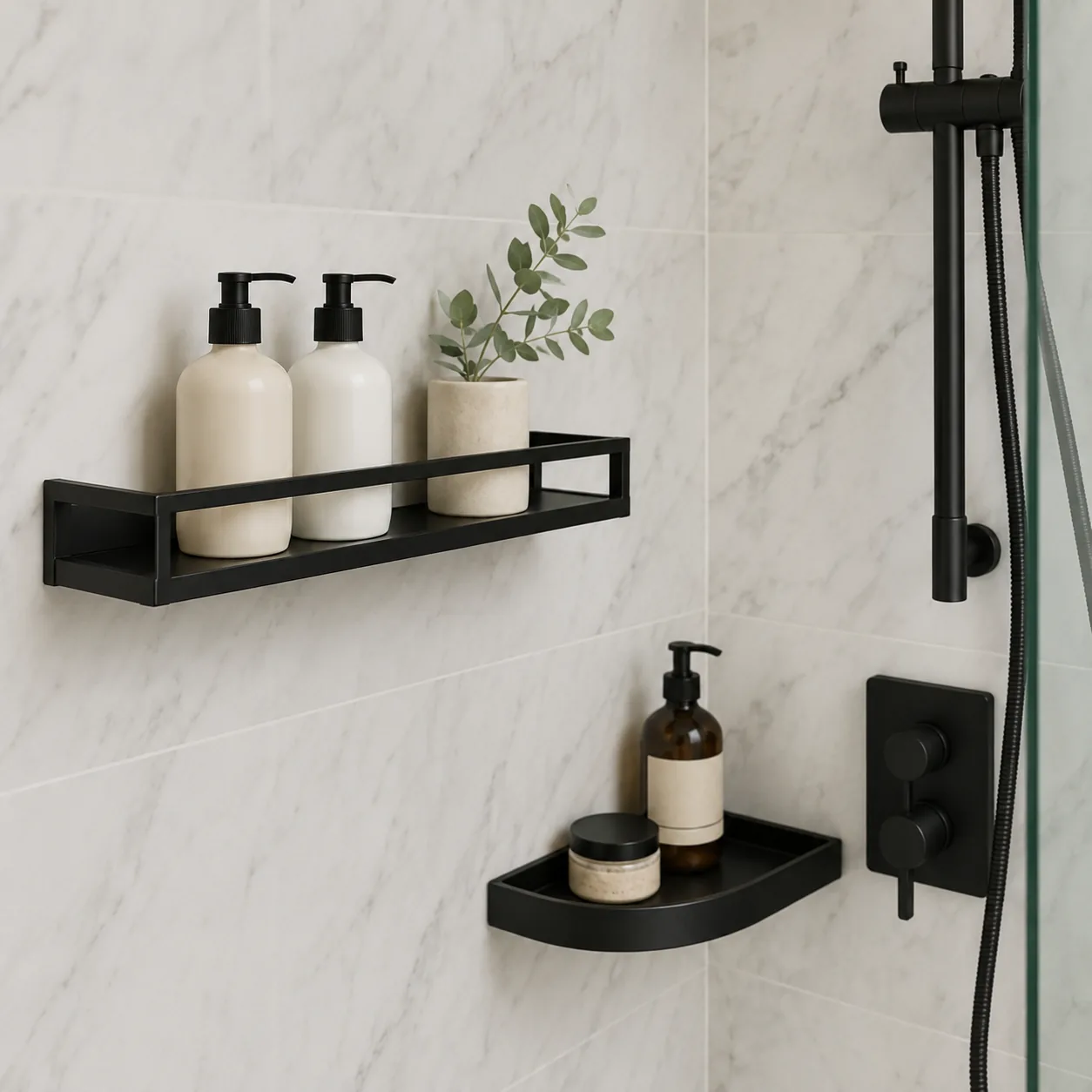Black floating corner shower shelves holding toiletries next to a tiled niche